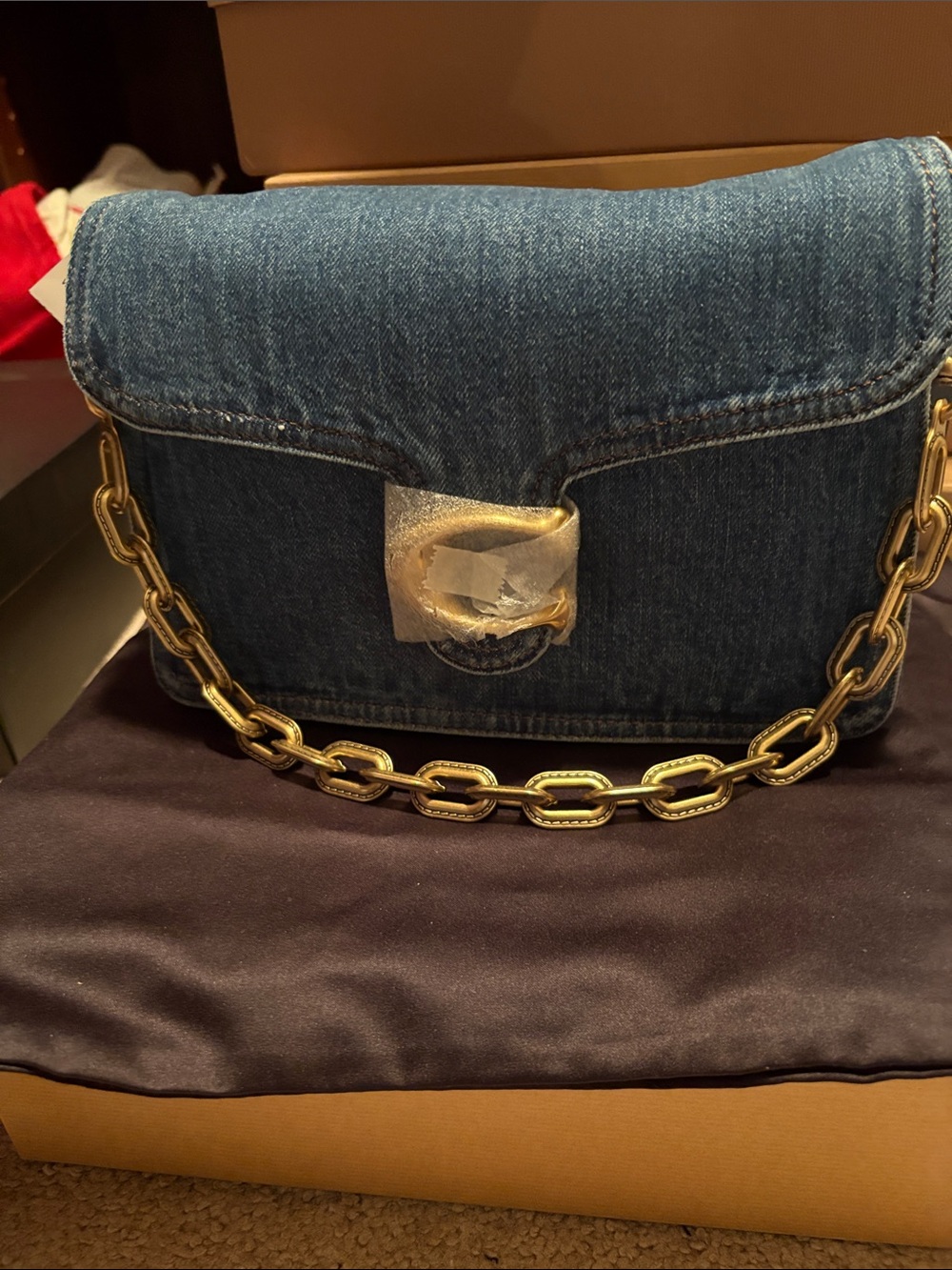 Coach Denim Shoulder Bag with Gold Chain